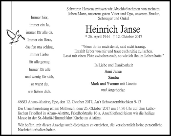 Anzeige von Heinrich Janse von Westfälische Nachrichten