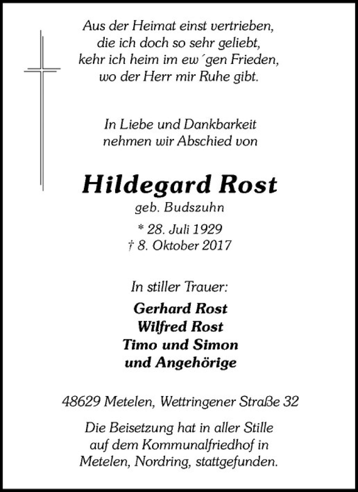  Traueranzeige für Hildegard Rost vom 18.10.2017 aus Westfälische Nachrichten