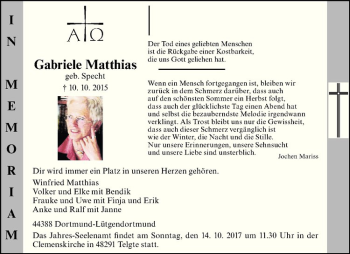 Anzeige von Gabriele Matthias von Westfälische Nachrichten