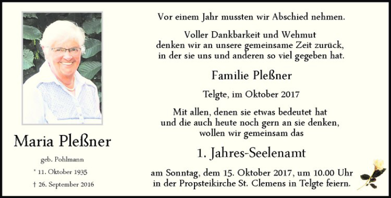  Traueranzeige für Maria Pleßner vom 07.10.2017 aus Westfälische Nachrichten