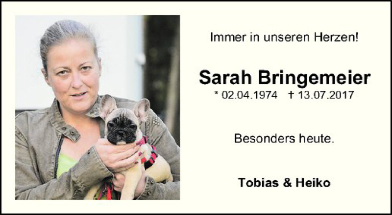  Traueranzeige für Sarah Bringemeier vom 21.10.2017 aus Westfälische Nachrichten