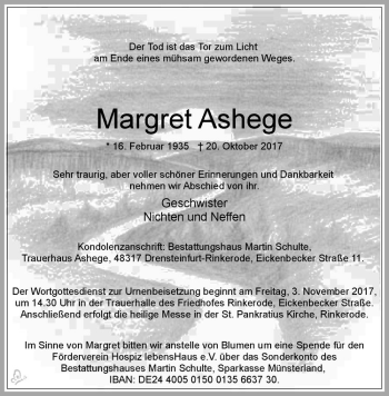 Anzeige von Margret Ashege von Westfälische Nachrichten