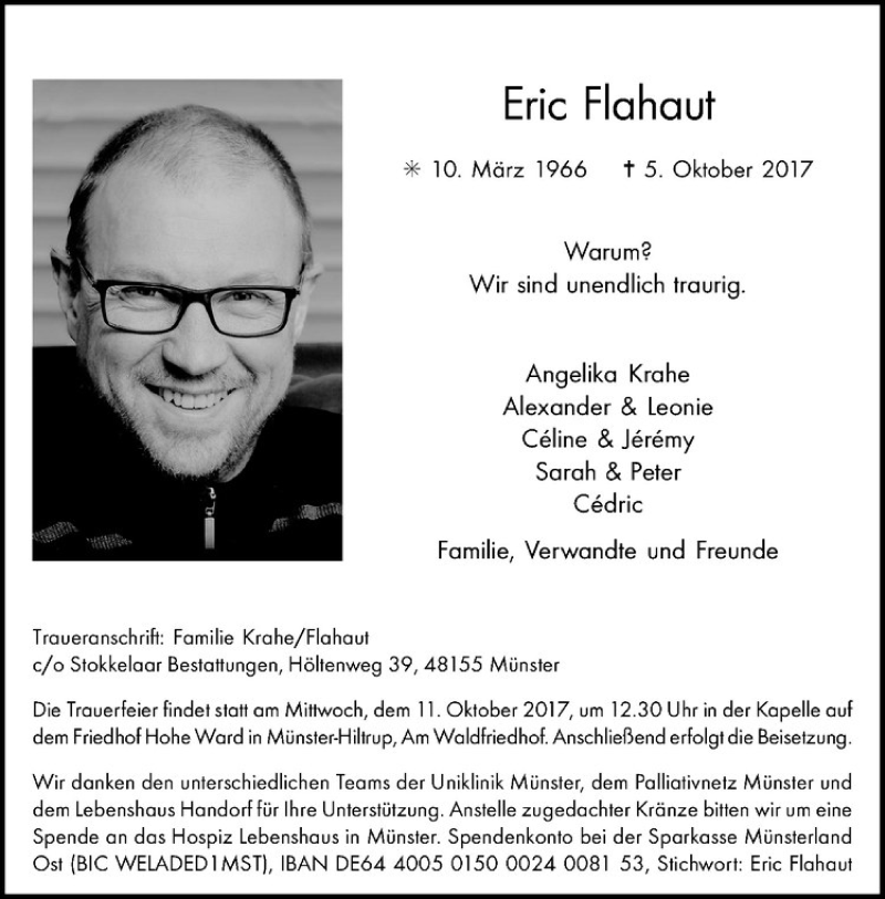  Traueranzeige für Eric Flahaut vom 07.10.2017 aus Westfälische Nachrichten