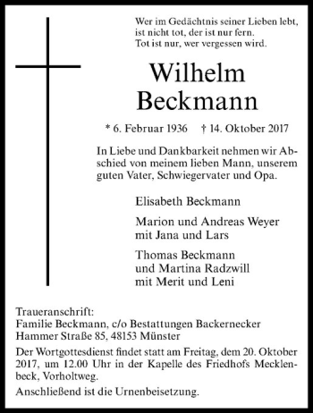 Anzeige von Wilhelm Beckmann von Westfälische Nachrichten