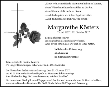 Anzeige von Margarethe Kösters von Westfälische Nachrichten