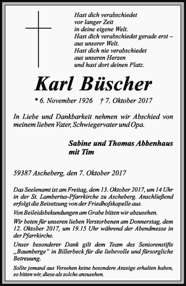  Traueranzeige für Karl Büscher vom 11.10.2017 aus Westfälische Nachrichten