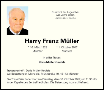 Anzeige von Harry Franz Müller von Westfälische Nachrichten