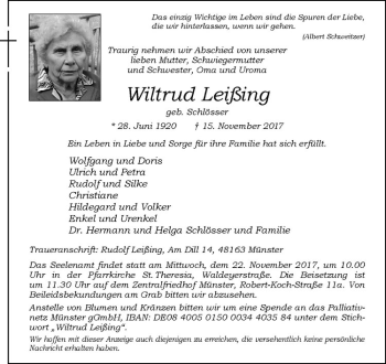 Anzeige von Wiltrud Leißing von Westfälische Nachrichten