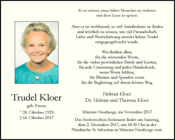 Anzeige von Trudel Kloer von Westfälische Nachrichten