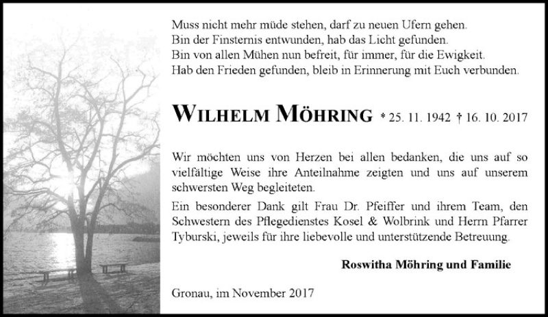  Traueranzeige für Wilhelm Möhring vom 23.11.2017 aus Westfälische Nachrichten