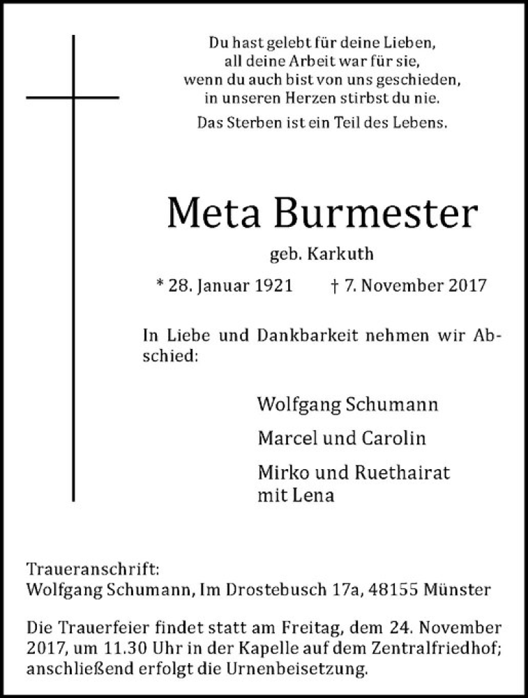  Traueranzeige für Meta Burmester vom 18.11.2017 aus Westfälische Nachrichten