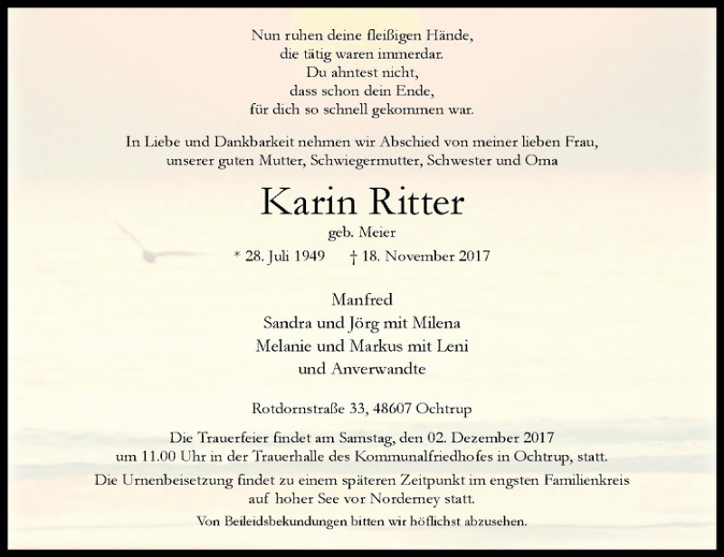 Traueranzeigen von Karin Ritter