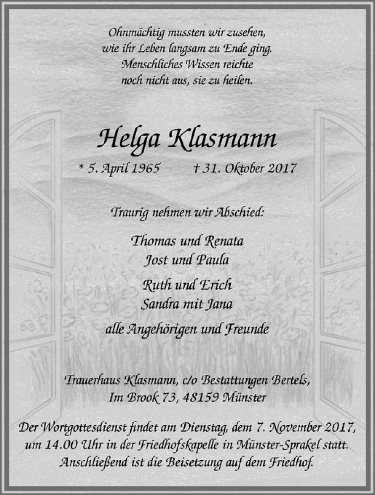  Traueranzeige für Helga Klasmann vom 04.11.2017 aus Westfälische Nachrichten
