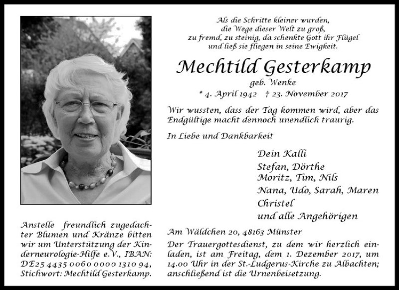  Traueranzeige für Mechtild Gesterkamp vom 28.11.2017 aus Westfälische Nachrichten