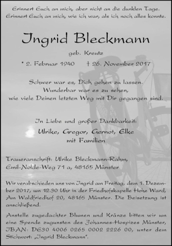 Anzeige von Ingrid Bleckmann von Westfälische Nachrichten