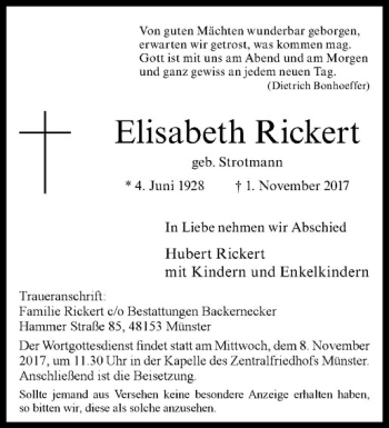 Anzeige von Elisabeth Rickert von Westfälische Nachrichten