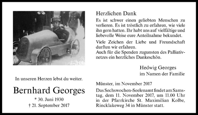  Traueranzeige für Bernhard Georges vom 06.11.2017 aus Westfälische Nachrichten