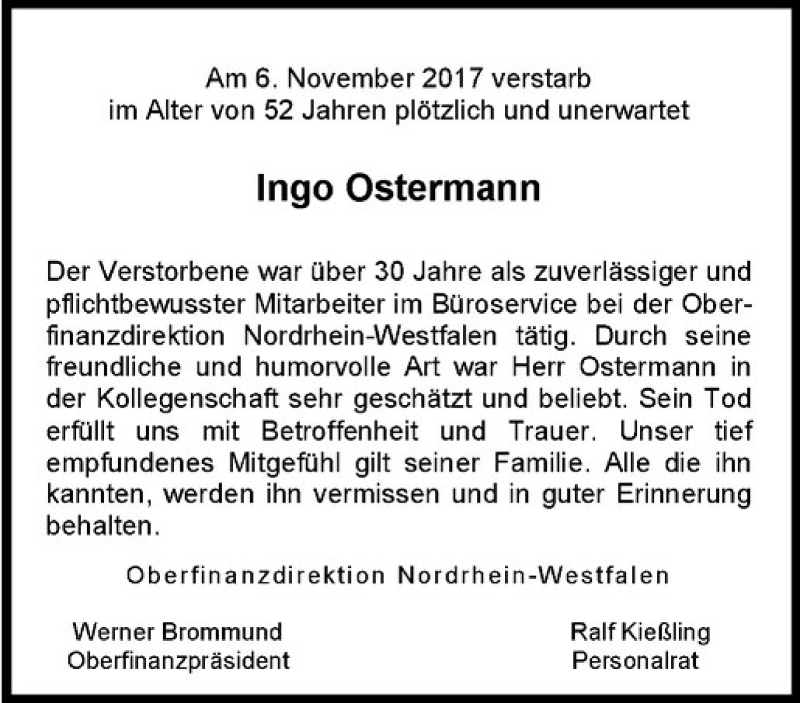  Traueranzeige für Ingo Ostermann vom 11.11.2017 aus Westfälische Nachrichten