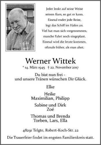 Anzeige von Werner Wittek von Westfälische Nachrichten
