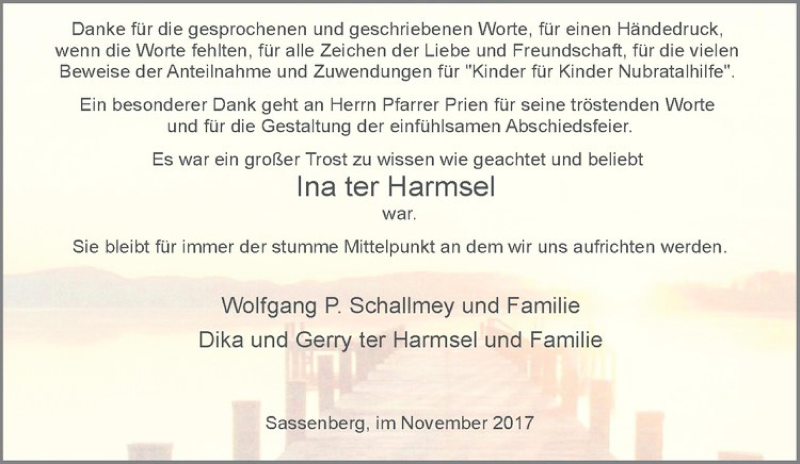  Traueranzeige für Ina ter Harmsel vom 11.11.2017 aus Westfälische Nachrichten