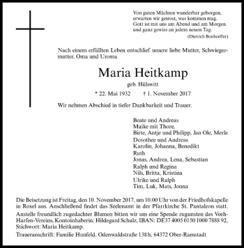 Anzeige von Maria Heitkamp von Westfälische Nachrichten