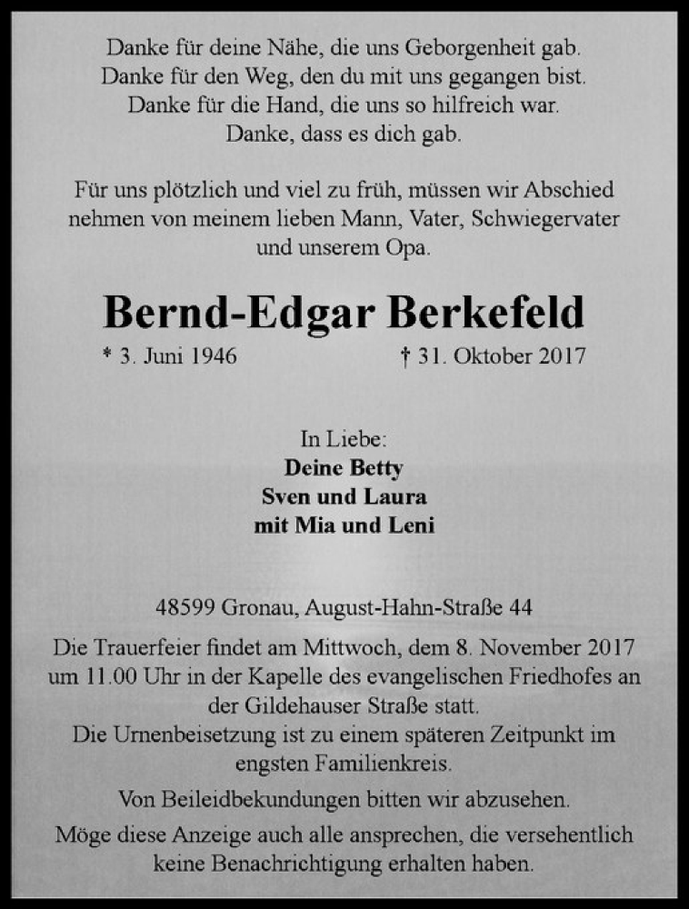 Traueranzeige für Bernd-Edgar Berkefeld vom 04.11.2017 aus Westfälische Nachrichten