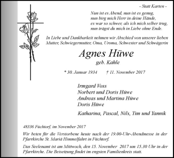 Anzeige von Agnes Hüwe von Westfälische Nachrichten