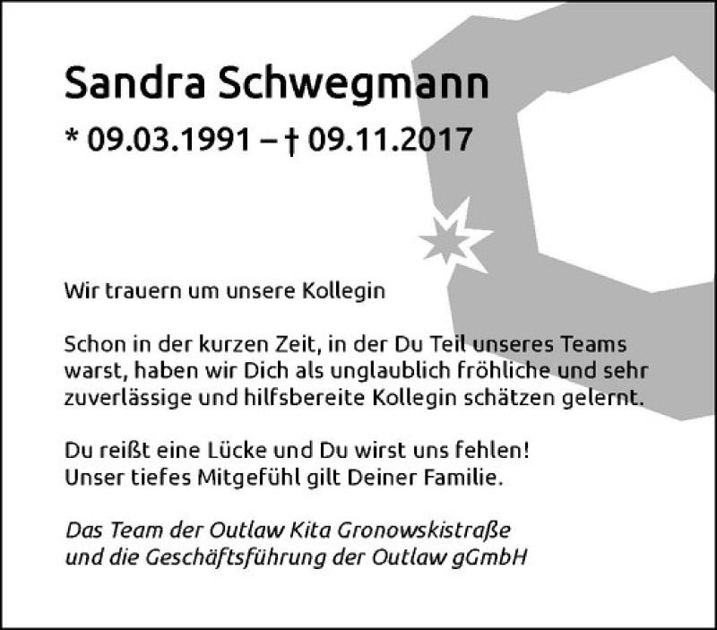  Traueranzeige für Sandra Schwegmann vom 16.11.2017 aus Westfälische Nachrichten