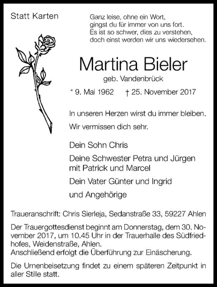  Traueranzeige für Martina Bieler vom 29.11.2017 aus Westfälische Nachrichten