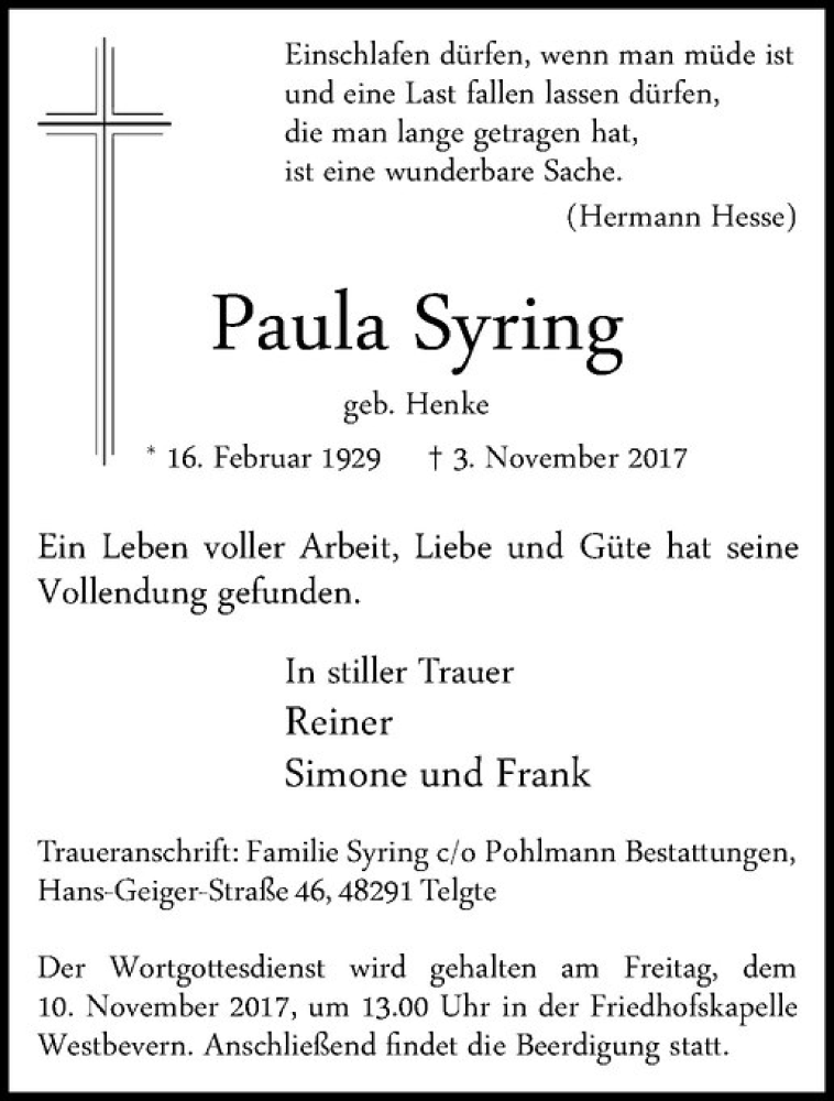  Traueranzeige für Paula Syring vom 08.11.2017 aus Westfälische Nachrichten