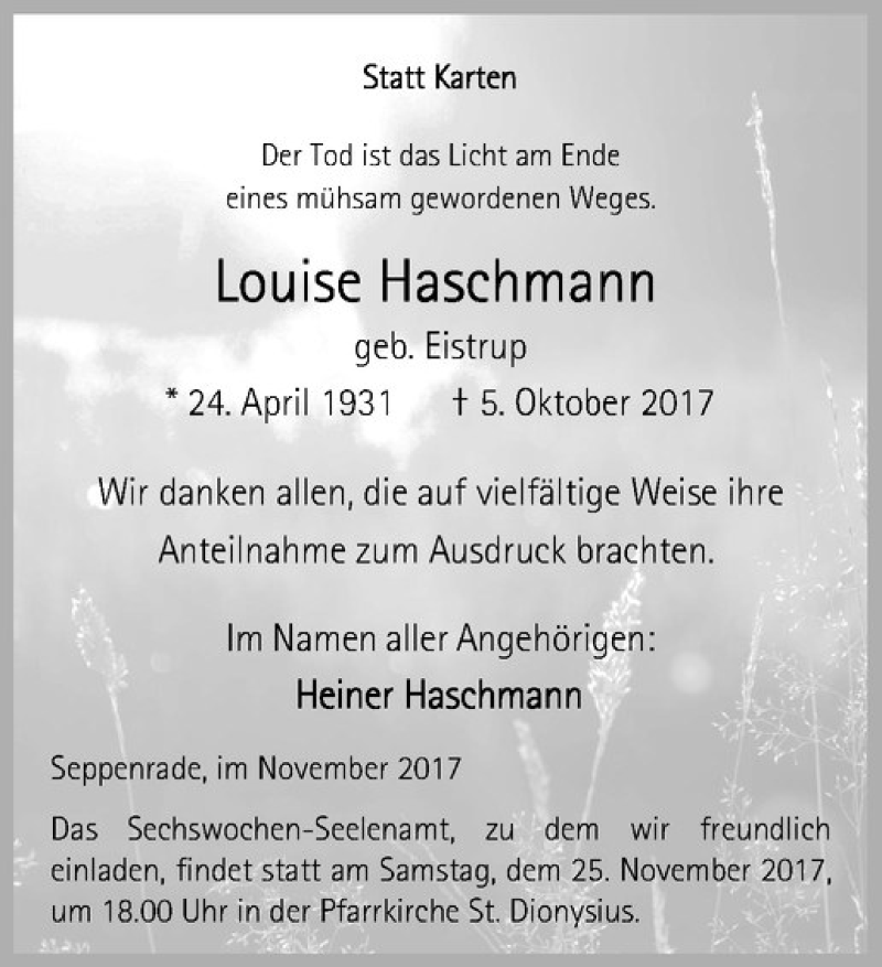 Traueranzeige für Louise Haschmann vom 21.11.2017 aus Westfälische Nachrichten