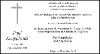Anzeige von Paul Knappheide von Westfälische Nachrichten