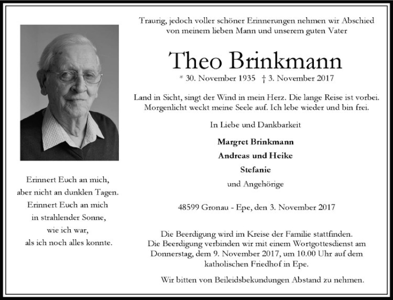  Traueranzeige für Theo Brinkmann vom 07.11.2017 aus Westfälische Nachrichten