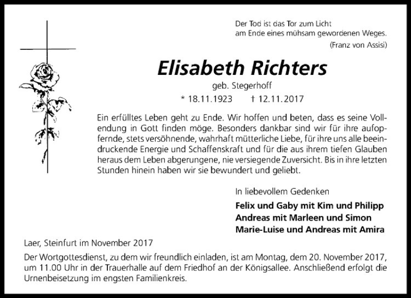 Traueranzeige für Elisabeth Richters vom 17.11.2017 aus Westfälische Nachrichten