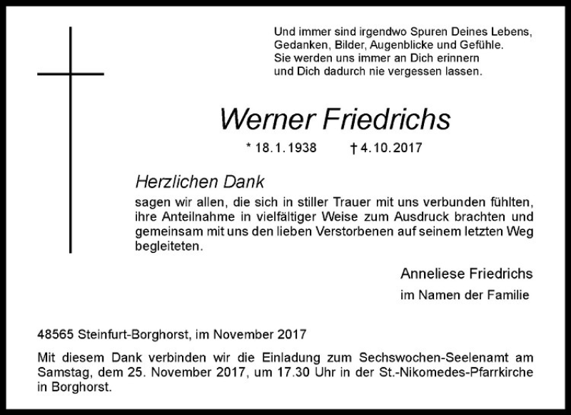  Traueranzeige für Werner Friedrichs vom 18.11.2017 aus Westfälische Nachrichten