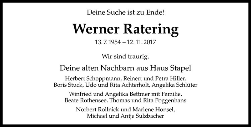  Traueranzeige für Werner Ratering vom 18.11.2017 aus Westfälische Nachrichten