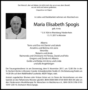 Anzeige von Maria Elisabeth Spogis von Westfälische Nachrichten