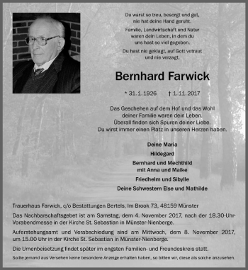 Anzeige von Bernhard Farwick von Westfälische Nachrichten