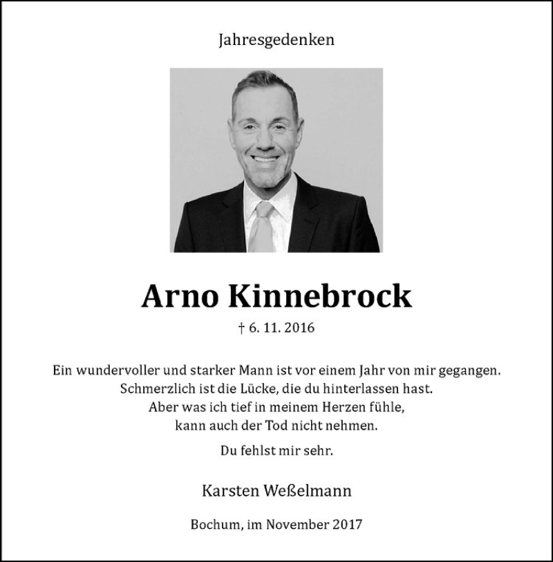  Traueranzeige für Arno Kinnebrock vom 04.11.2017 aus Westfälische Nachrichten