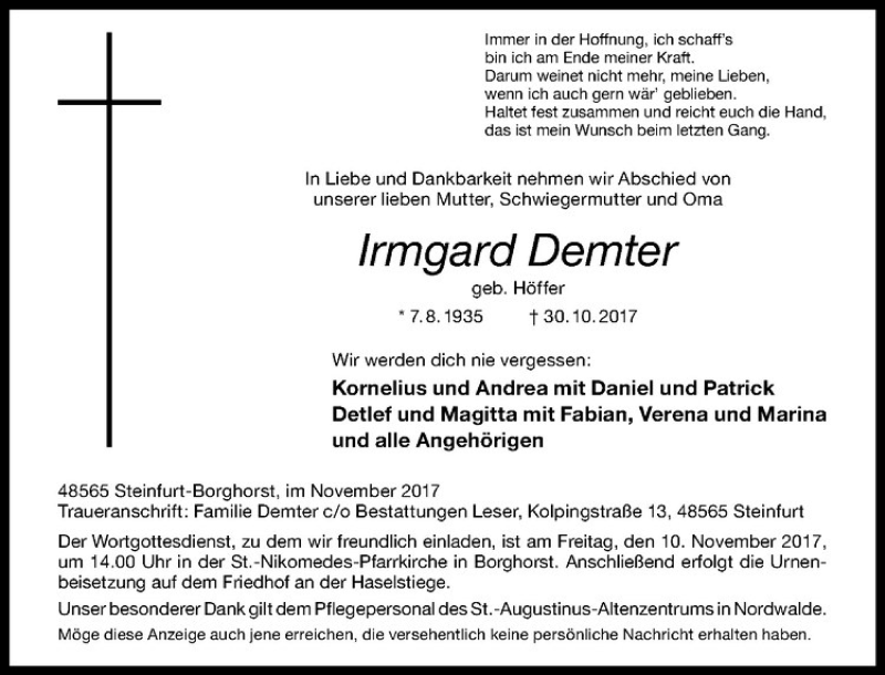  Traueranzeige für Irmgard Demter vom 08.11.2017 aus Westfälische Nachrichten
