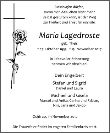 Anzeige von Maria Lagedroste von Westfälische Nachrichten