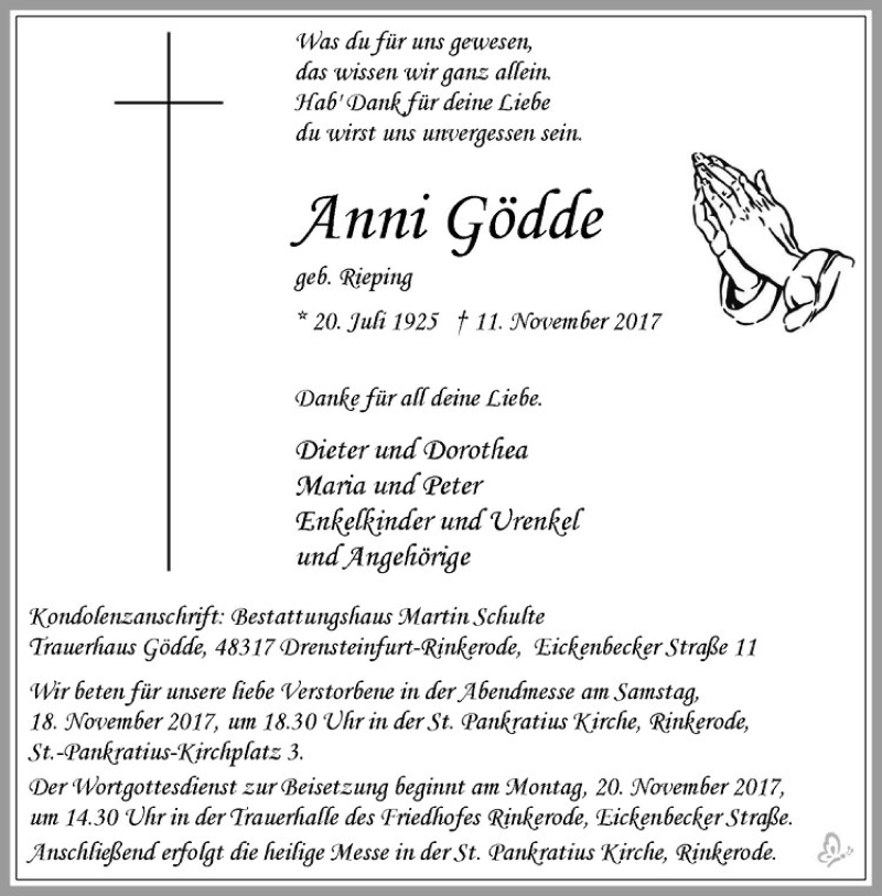  Traueranzeige für Anni Gödde vom 15.11.2017 aus Westfälische Nachrichten