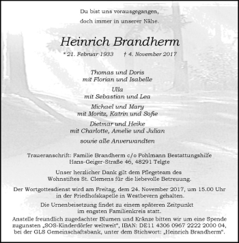 Anzeige von Heinrich Brandherm von Westfälische Nachrichten