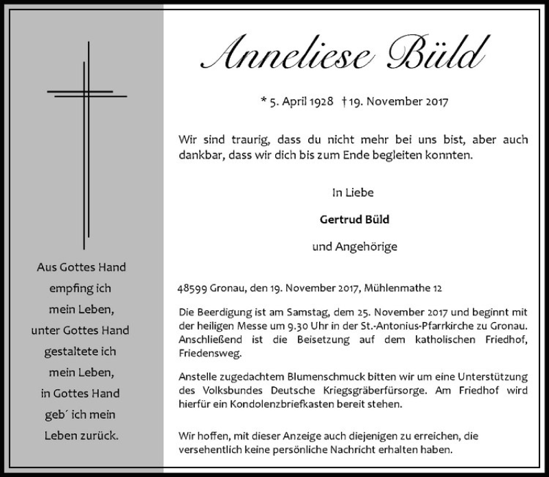  Traueranzeige für Anneliese Büld vom 22.11.2017 aus Westfälische Nachrichten