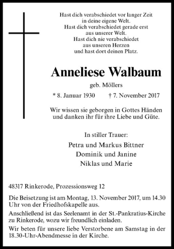 Anzeige von Anneliese Walbaum von Westfälische Nachrichten