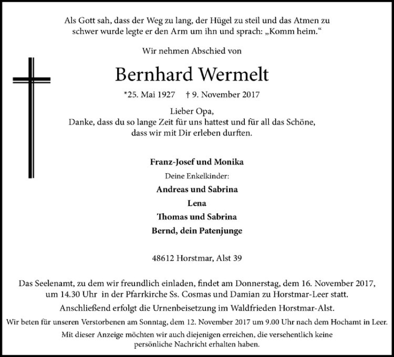  Traueranzeige für Bernhard Wermelt vom 11.11.2017 aus Westfälische Nachrichten