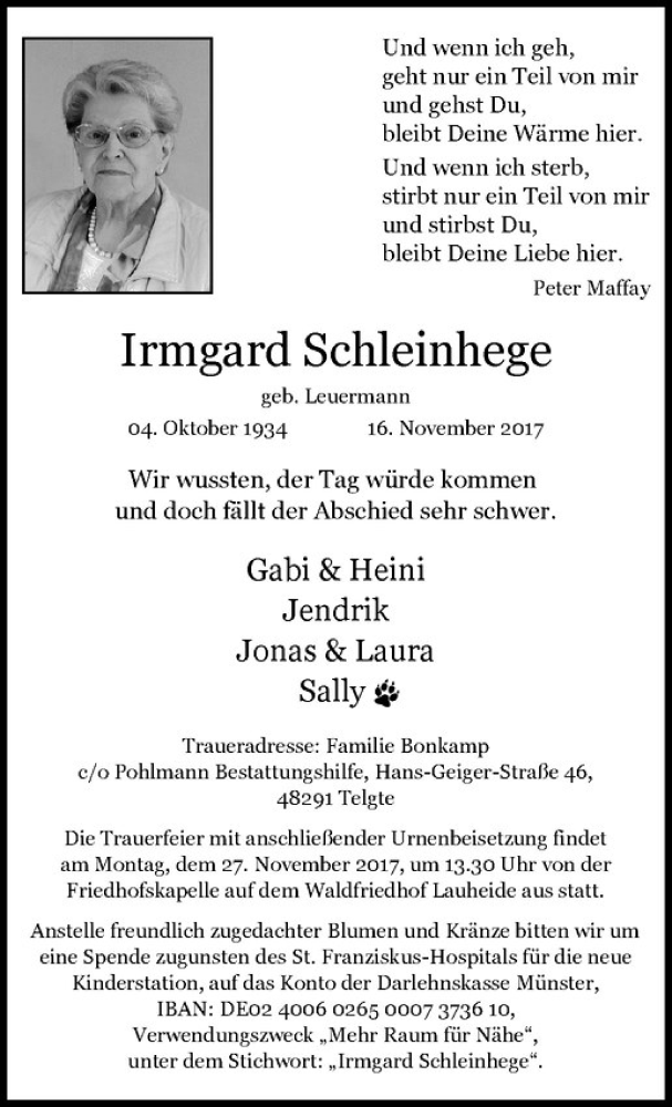  Traueranzeige für Irmgard Schleinhege vom 22.11.2017 aus Westfälische Nachrichten