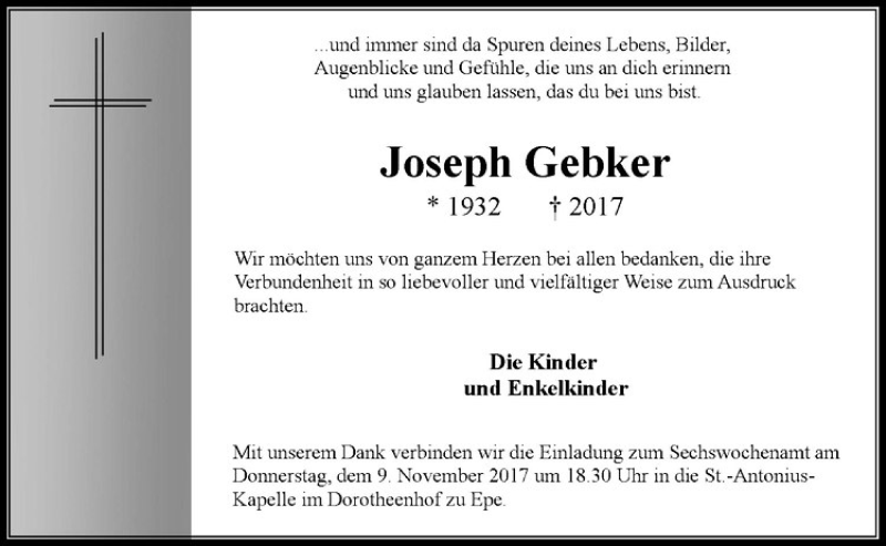  Traueranzeige für Joseph Gebker vom 04.11.2017 aus Westfälische Nachrichten