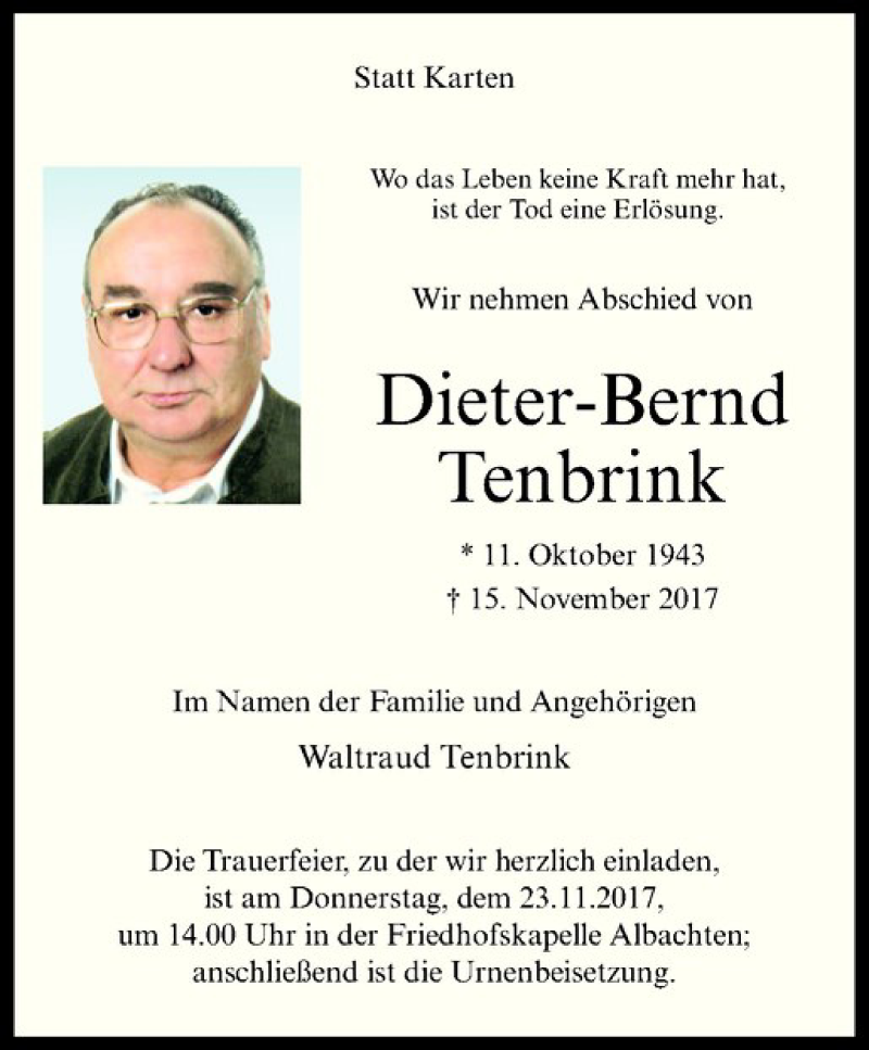  Traueranzeige für Dieter-Bernd Tenbrink vom 18.11.2017 aus Westfälische Nachrichten