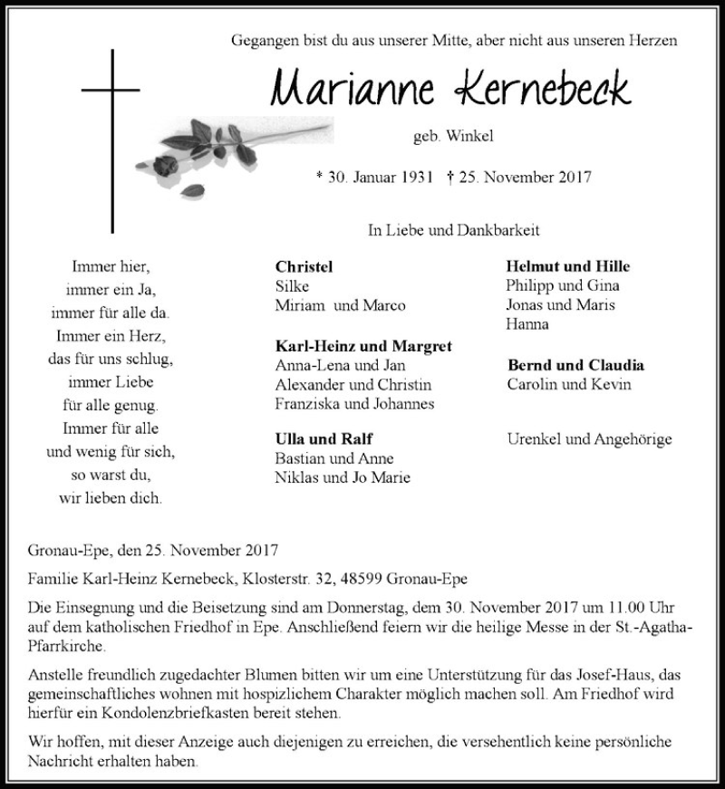  Traueranzeige für Marianne Kernebeck vom 28.11.2017 aus Westfälische Nachrichten